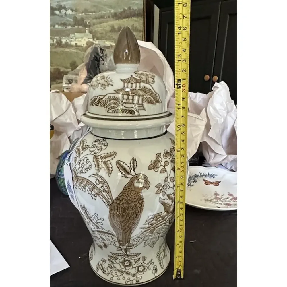 Galt International Brown Floral Parrot Ceramic Ginger Jar 14” Tall Vase Lid NWT